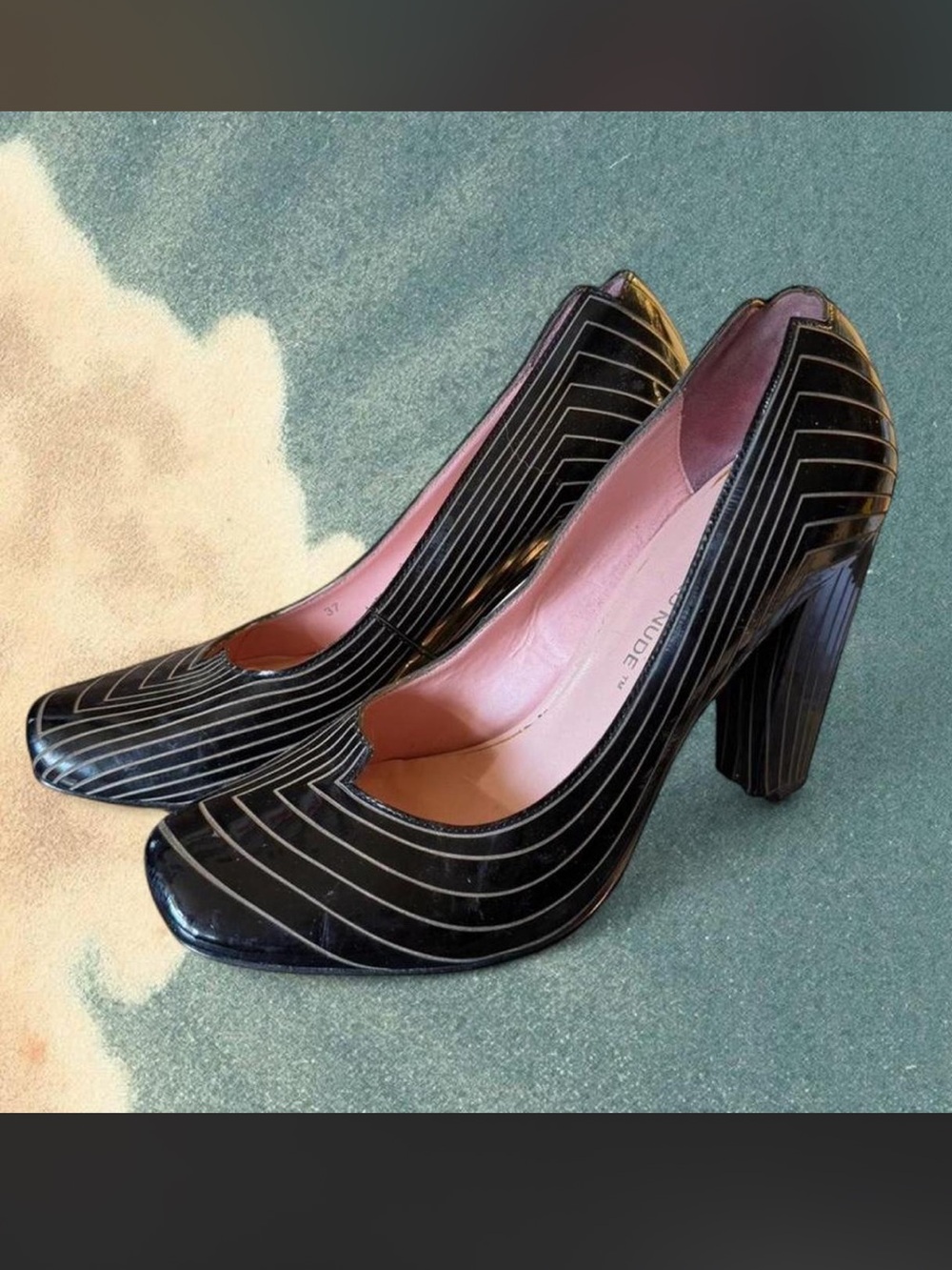 United Nude Black Striped Block Heel Pumps
